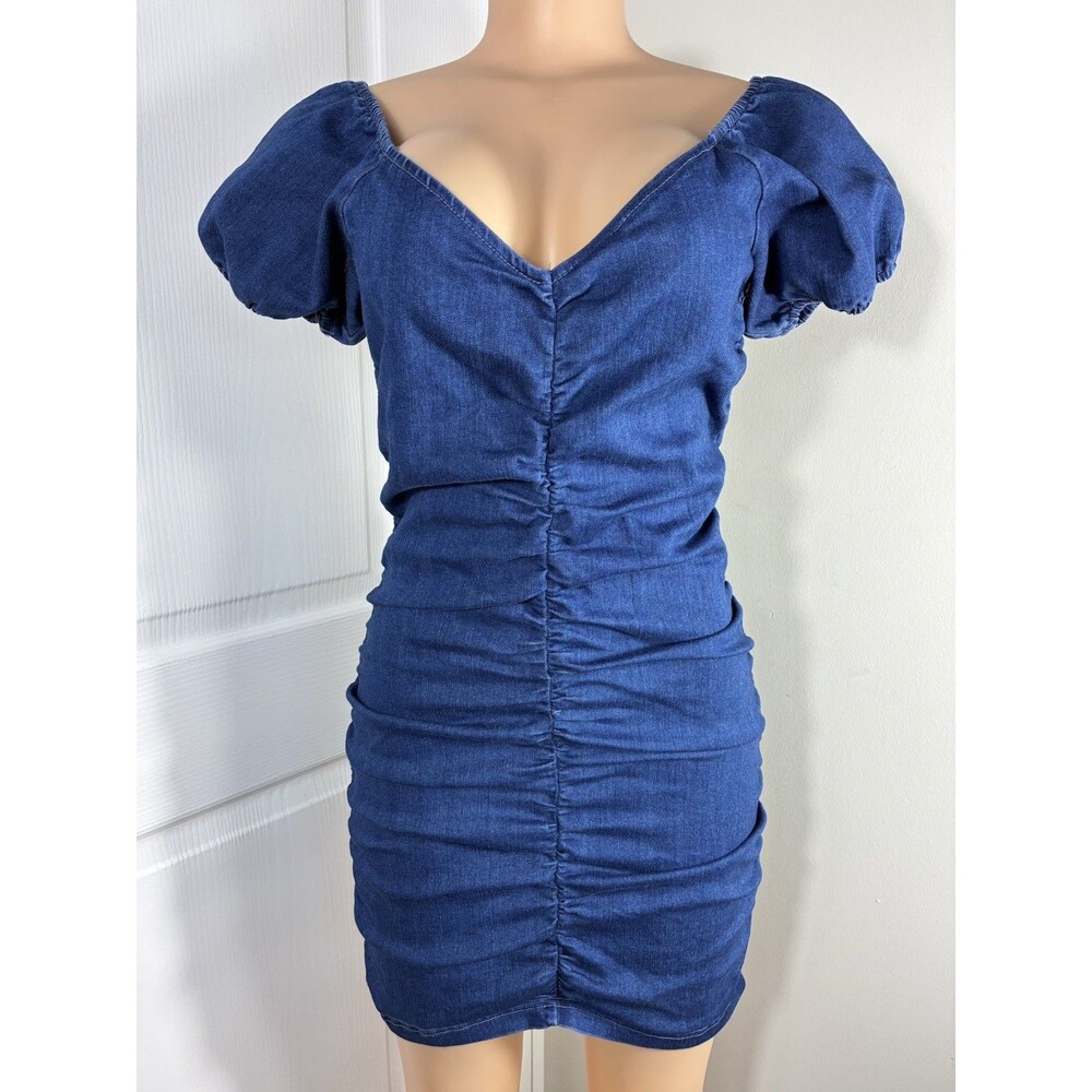 IRIS Womens Dress Sz Large Denim Ruched Bodycon Puff Sleeve
